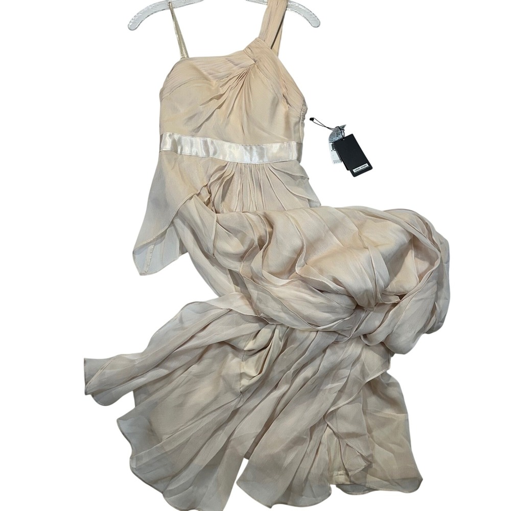 Adrianna Papell Draped One Shoulder Flutter‎ Gown Champagne 091902220 Womens 2